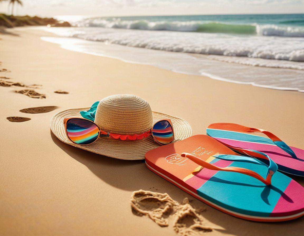 A stylish beach scene featuring a vibrant assortment of trendy beach accessories including colorful sunglasses, chic beach hats, vibrant sarongs, and stylish flip-flops laid out on a sandy beach. The ocean waves gently lapping at the shore in the background, with a bright sun shining down, and a surfboard propped nearby. Exuding a fun, summery vibe that captures the essence of beach fashion. super-realistic. vibrant colors. sunny beach background.